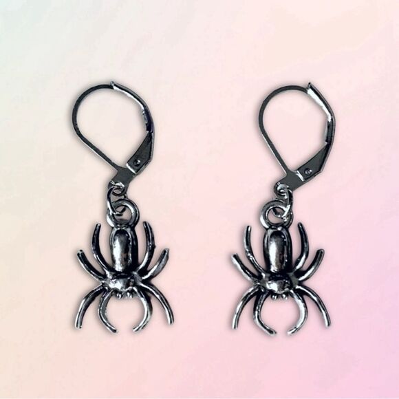 Silver Plated Spider Charm, Nickel Free Small Hoop Earrings - Picture 6 of 6